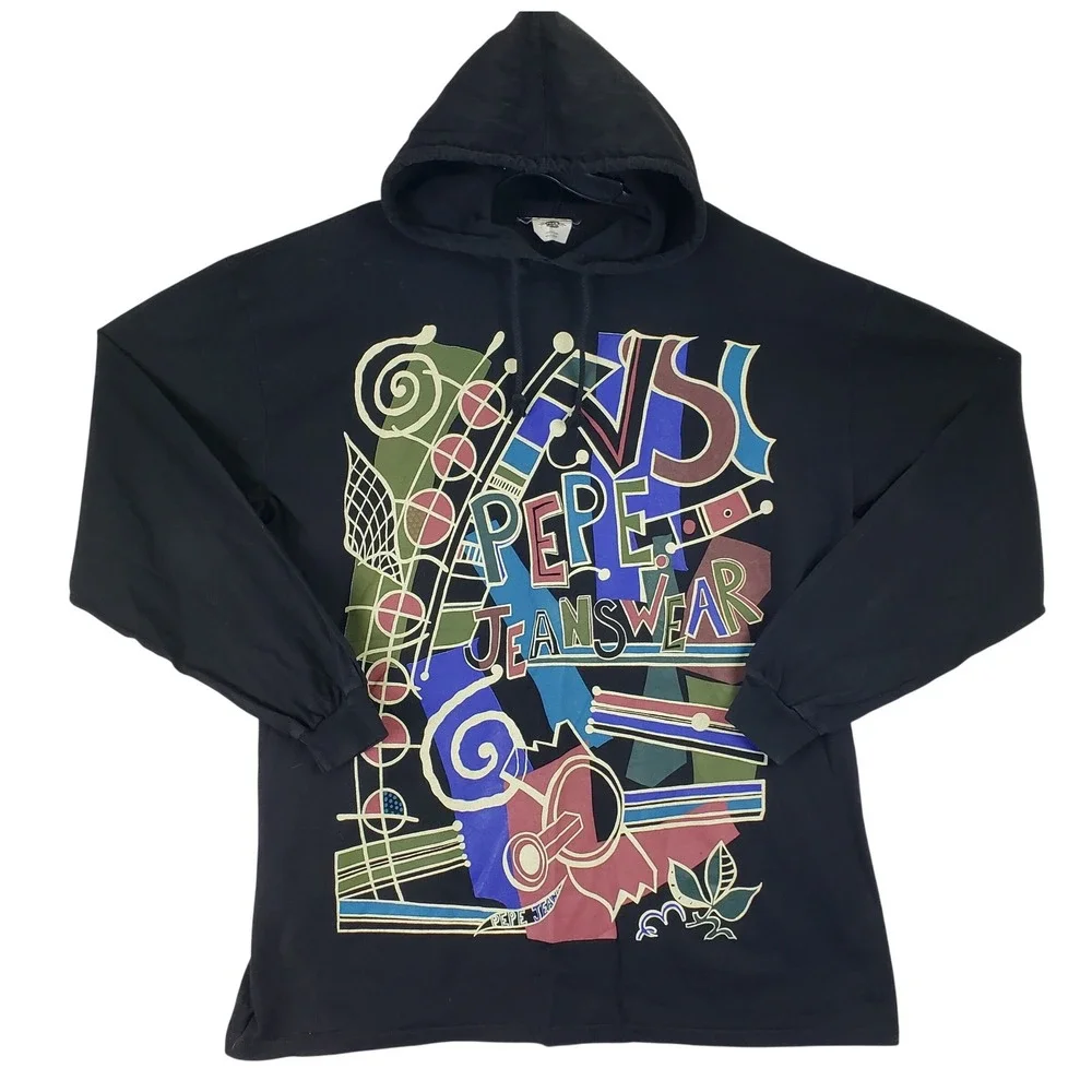 VTG Pepe Jeans Abstract Graphic Hoodie Mens One Size Black 80s 90s Streetwear